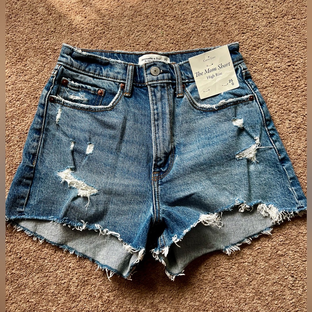 Abercrombie & Fitch Curve Love High Rise Mom Short, distressed medium wash